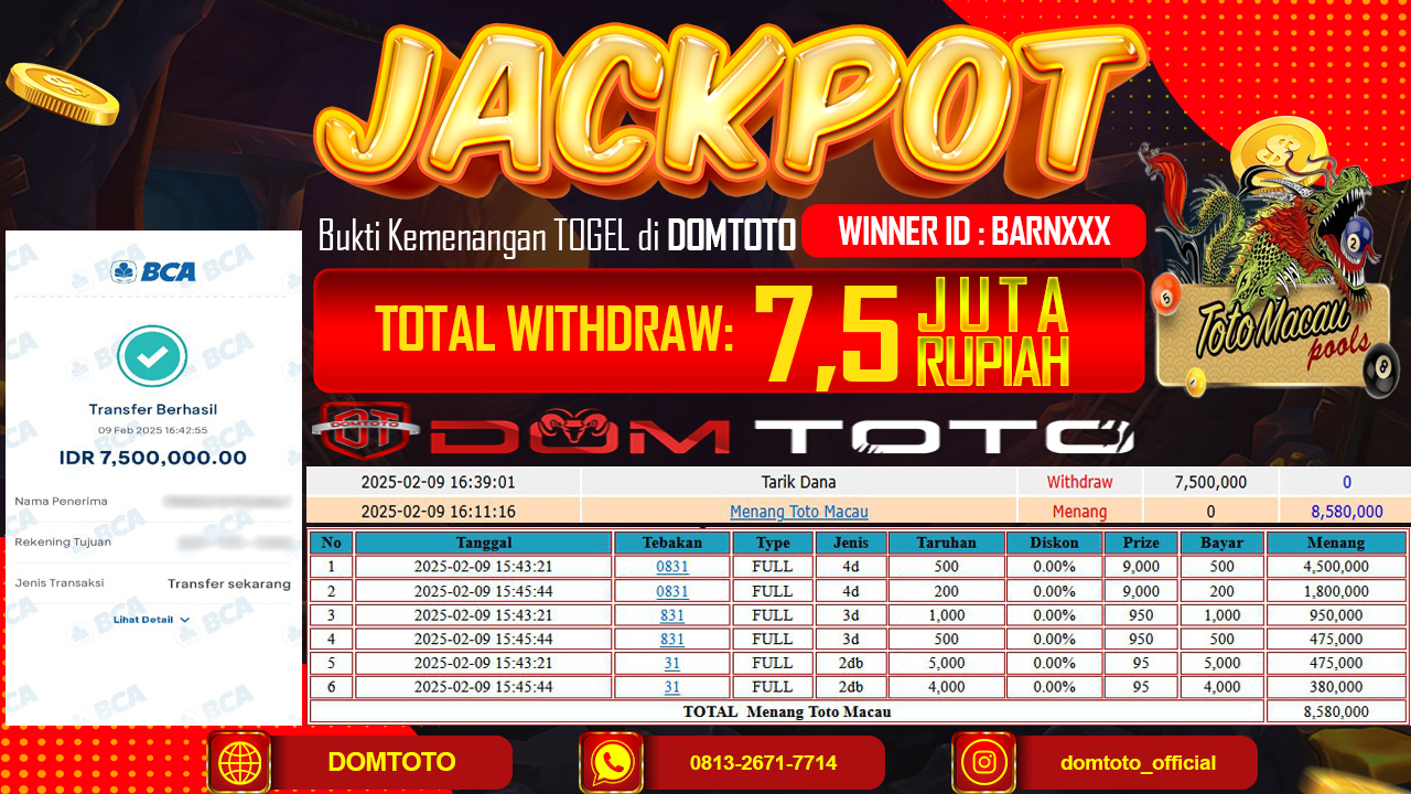 JACKPOT TOGEL TOTOMACAU 4D 09 FEBRUARI 2025